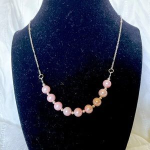 Half bar faux pink pearl silver tone chain necklace